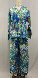 Long Sleeve Button Down Top w/ Drawstring Pants -   Blue Paisley